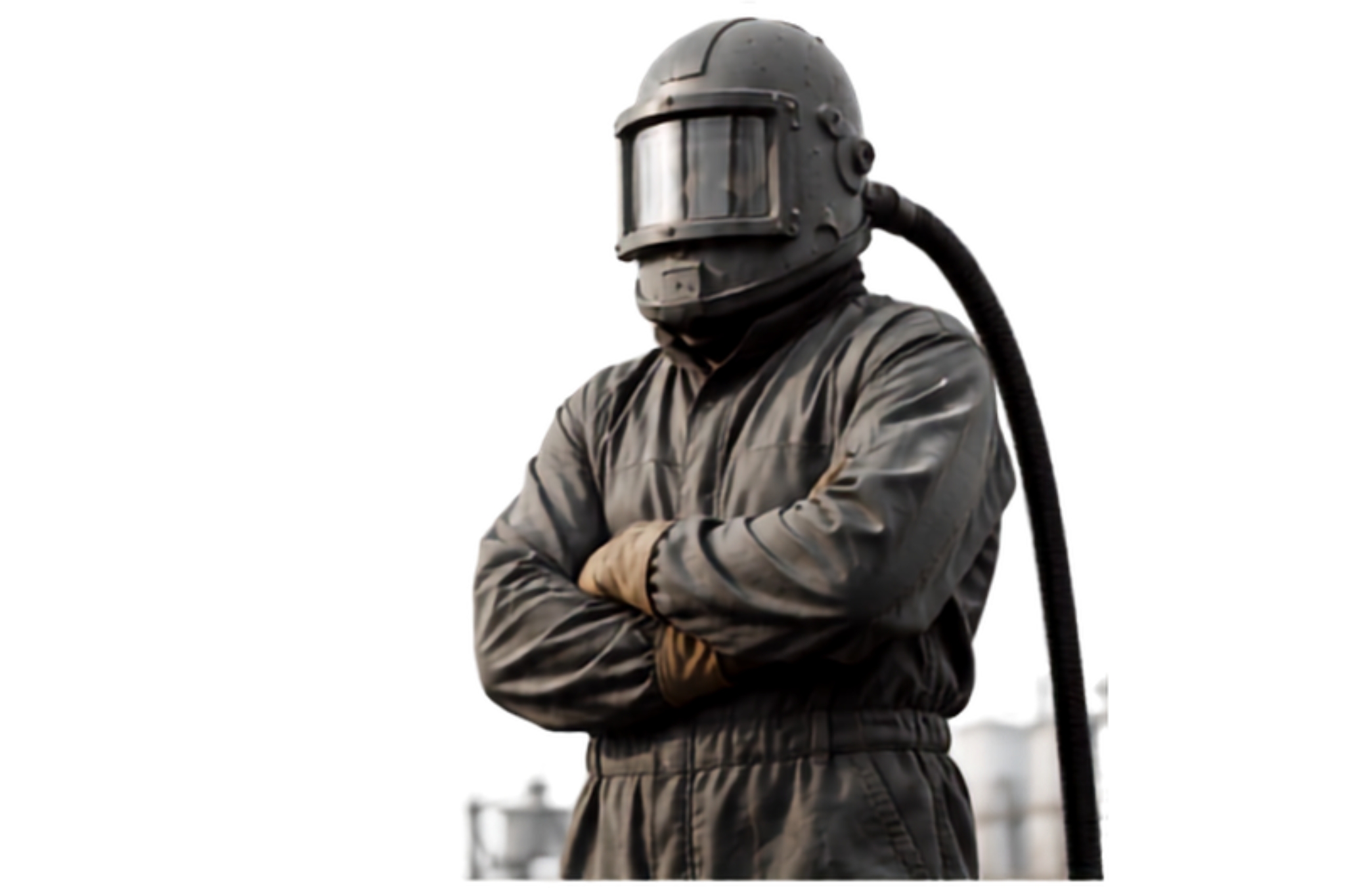 A professional abrasive blasting operator wearing a full protective blasting suit, helmet, gloves, and air-supplied respirator stands with folded arms at an industrial worksite. The image highlights the importance of personal protective equipment (PPE) and safety in abrasive blasting, sandblasting, and surface preparation operations.