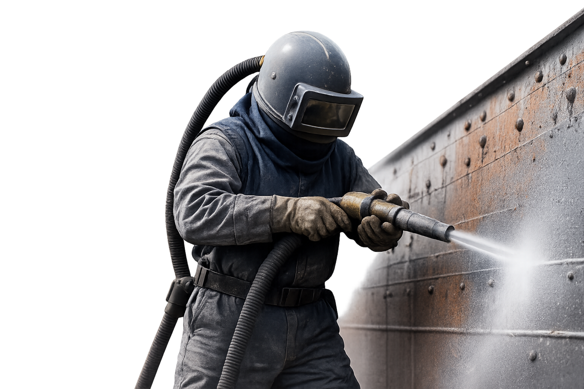 Industrial sandblasting professional wearing full protective blasting equipment preparing a steel surface by removing rust and contaminants before applying a protective coating.