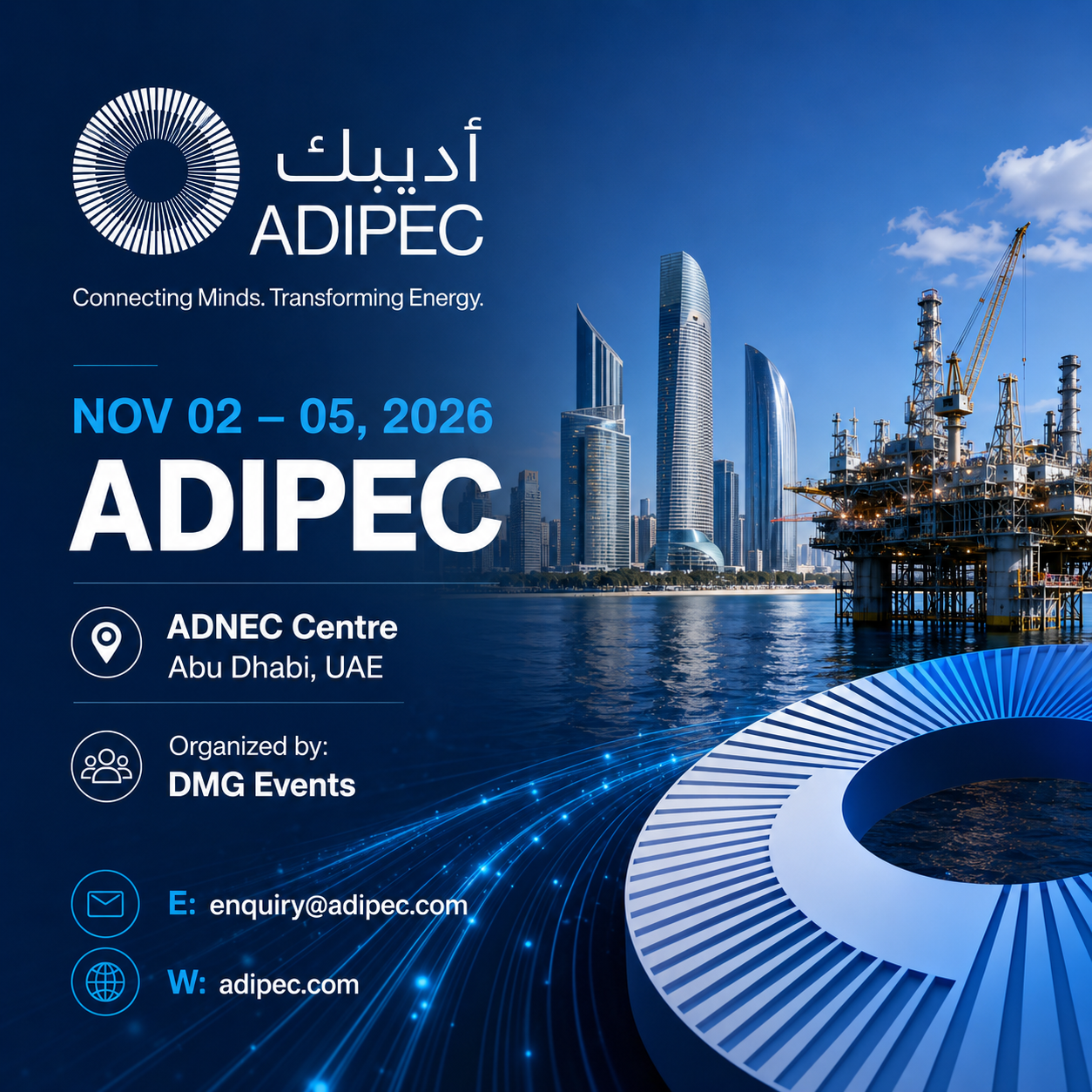 ADIPЕC 2026 promotional poster featuring Abu Dhabi skyline, an offshore oil platform, and event details for November 2–5, 2026, at ADNEC Centre, Abu Dhabi, UAE.
