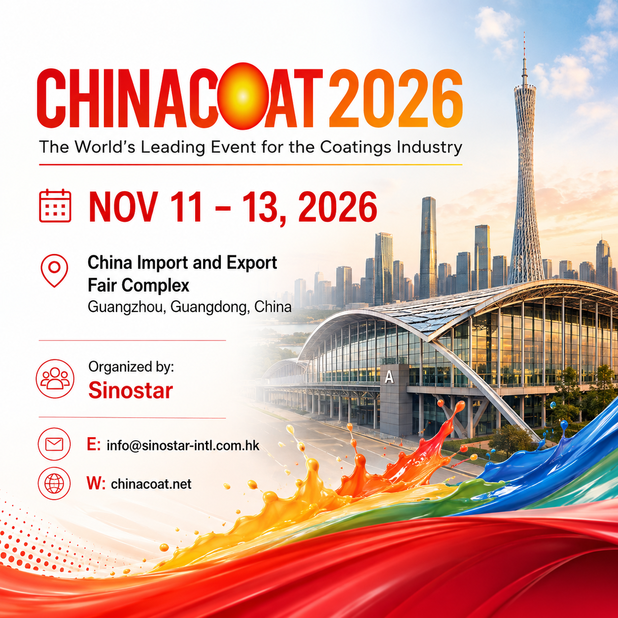 CHINACOAT 2026 promotional poster featuring the Guangzhou skyline, China Import and Export Fair Complex, colorful paint splashes, and event details for November 11–13, 2026.
