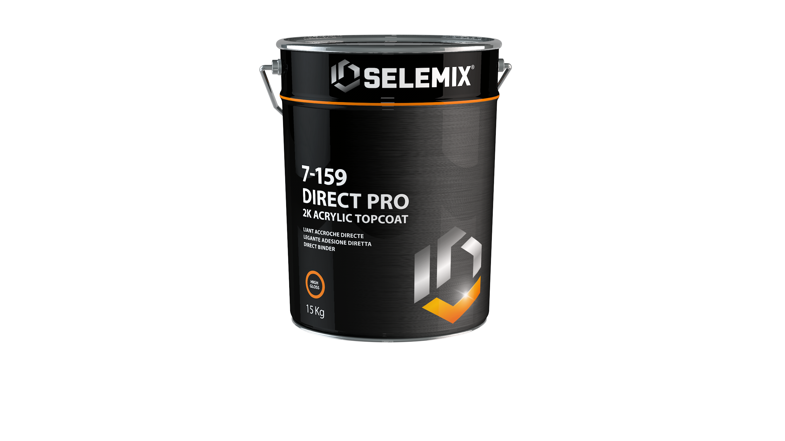 Selemix 7-159 Direct Pro 2K Acrylic Topcoat, 15 kg high-gloss industrial coating product can displayed against a black background.