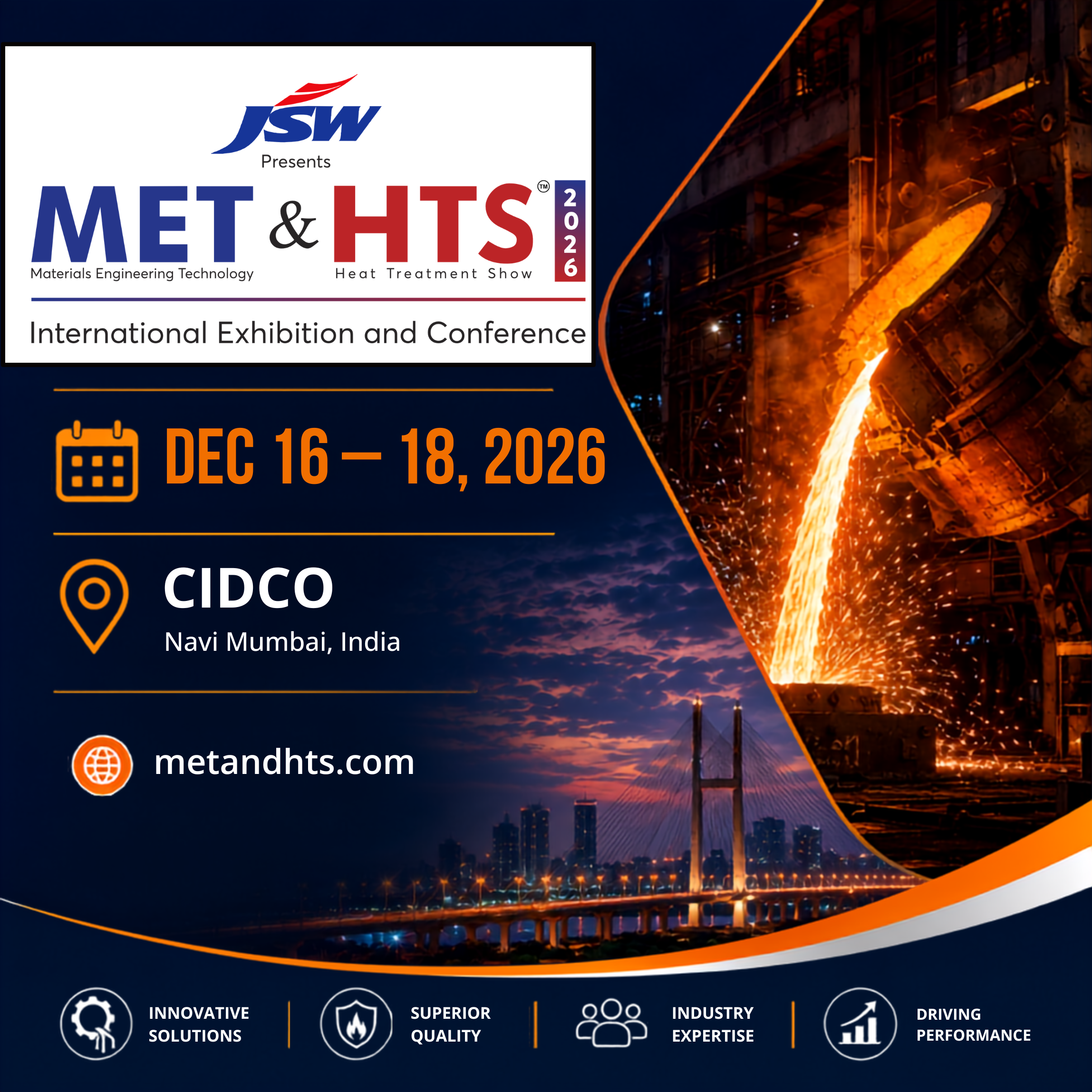 MET & HTS 2026 promotional poster featuring a molten metal furnace, Mumbai skyline, event dates, and exhibition details for December 16–18, 2026.