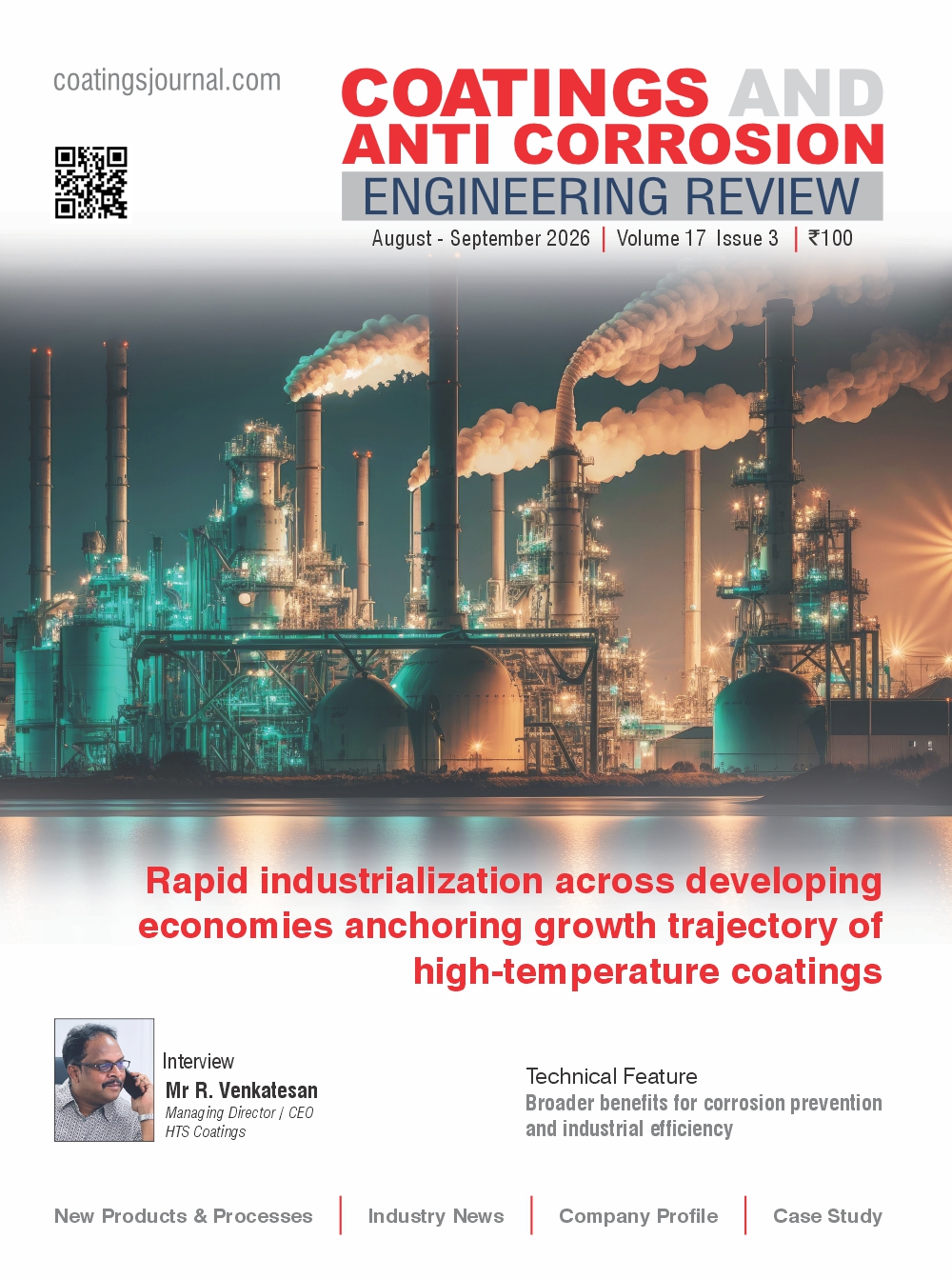 Coatings and Anti Corrosion Engineering Review August–September 2026 issue featuring an industrial refinery and articles on high-temperature coatings and corrosion prevention.