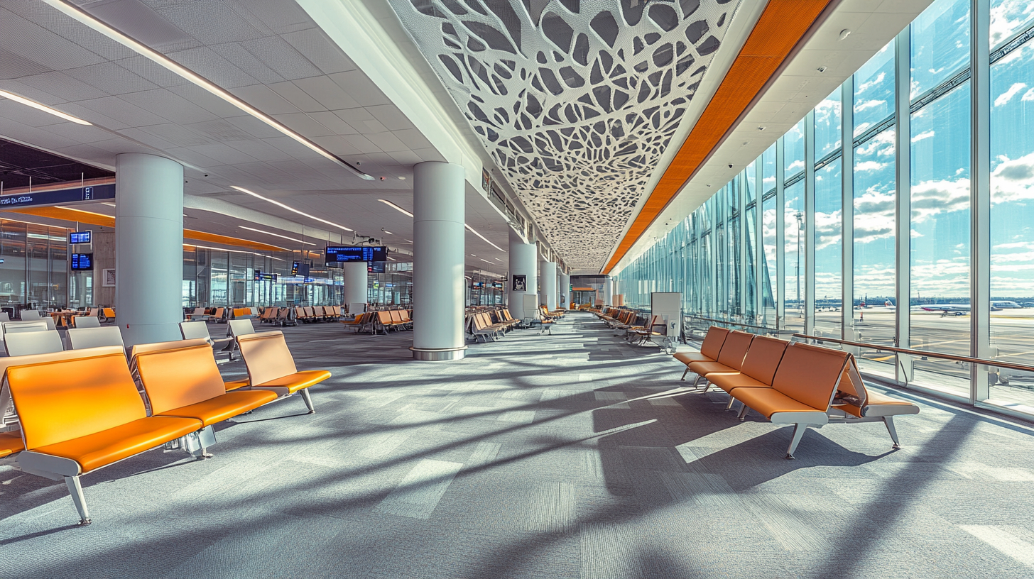 Modern airport terminal waiting area with rows of orange seats, large glass windows, white columns, and decorative ceiling panels overlooking the airport runway.