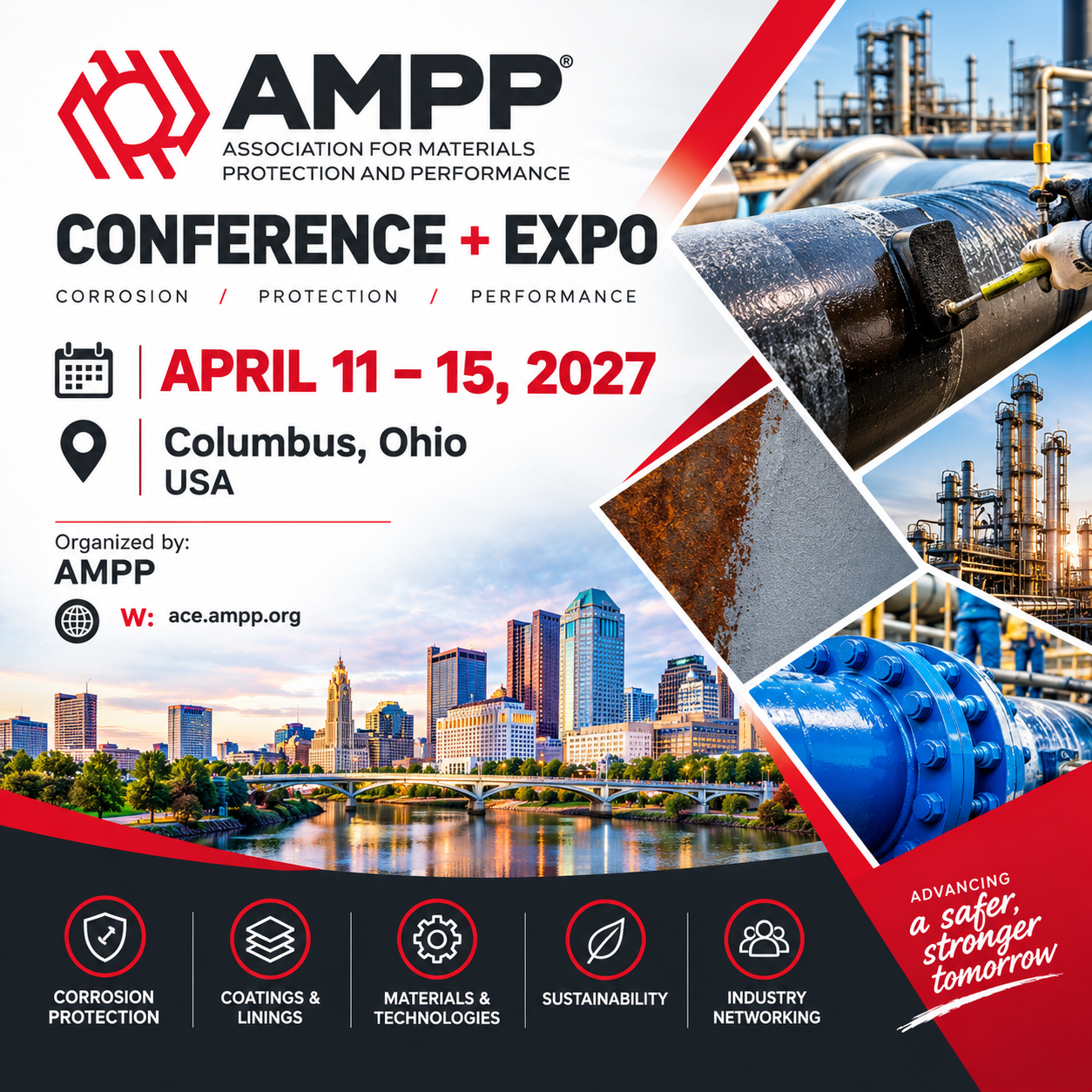 AMPP Conference + Expo 2027 promotional poster featuring industrial corrosion protection, coatings, pipeline inspection, and the Columbus, Ohio skyline. Scheduled for April 11–15, 2027.