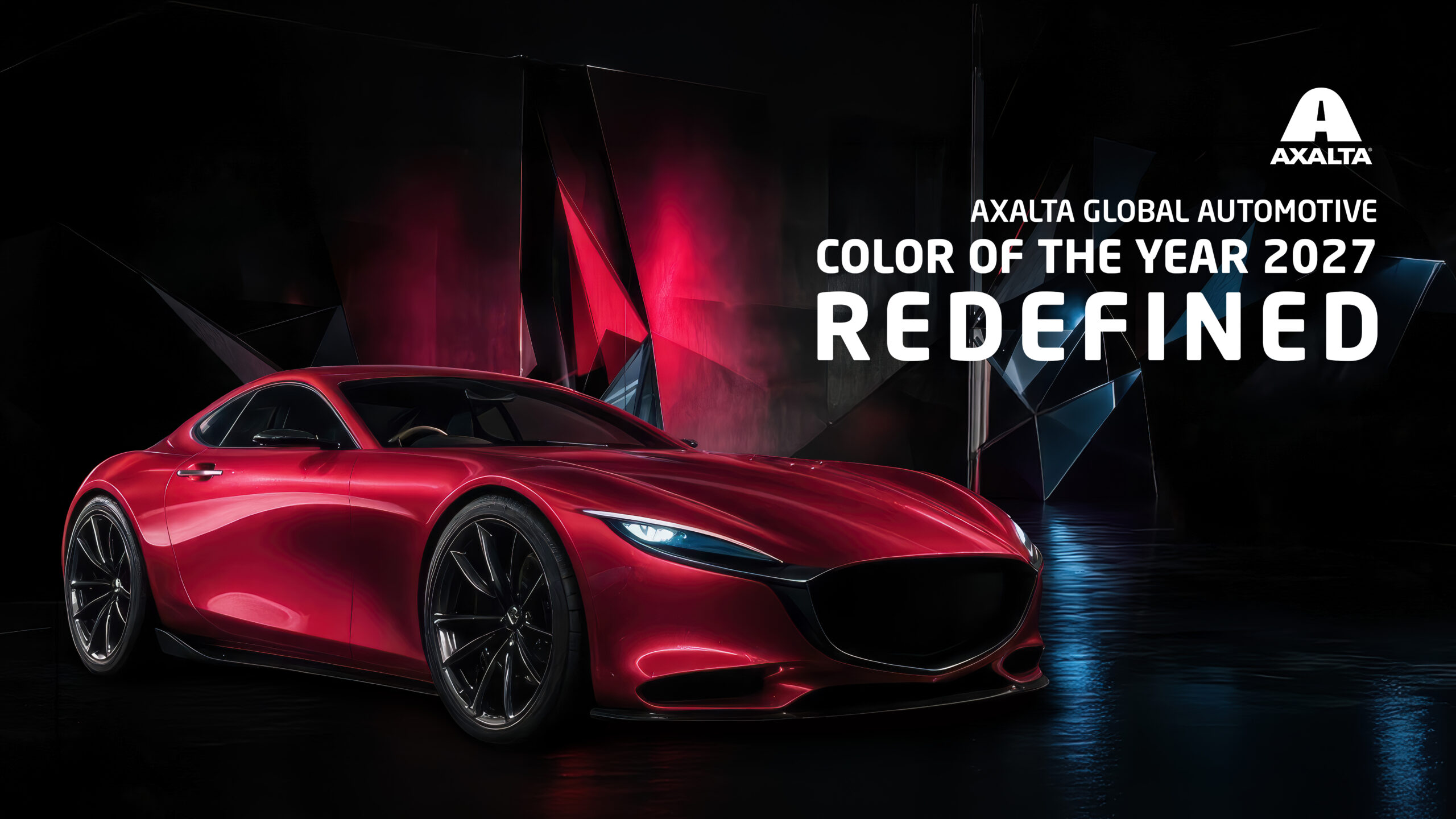 Axalta Global Automotive Color of the Year 2027 promotional image featuring a sleek red sports car against a dramatic black background with red and blue lighting and the headline “Redefined.”