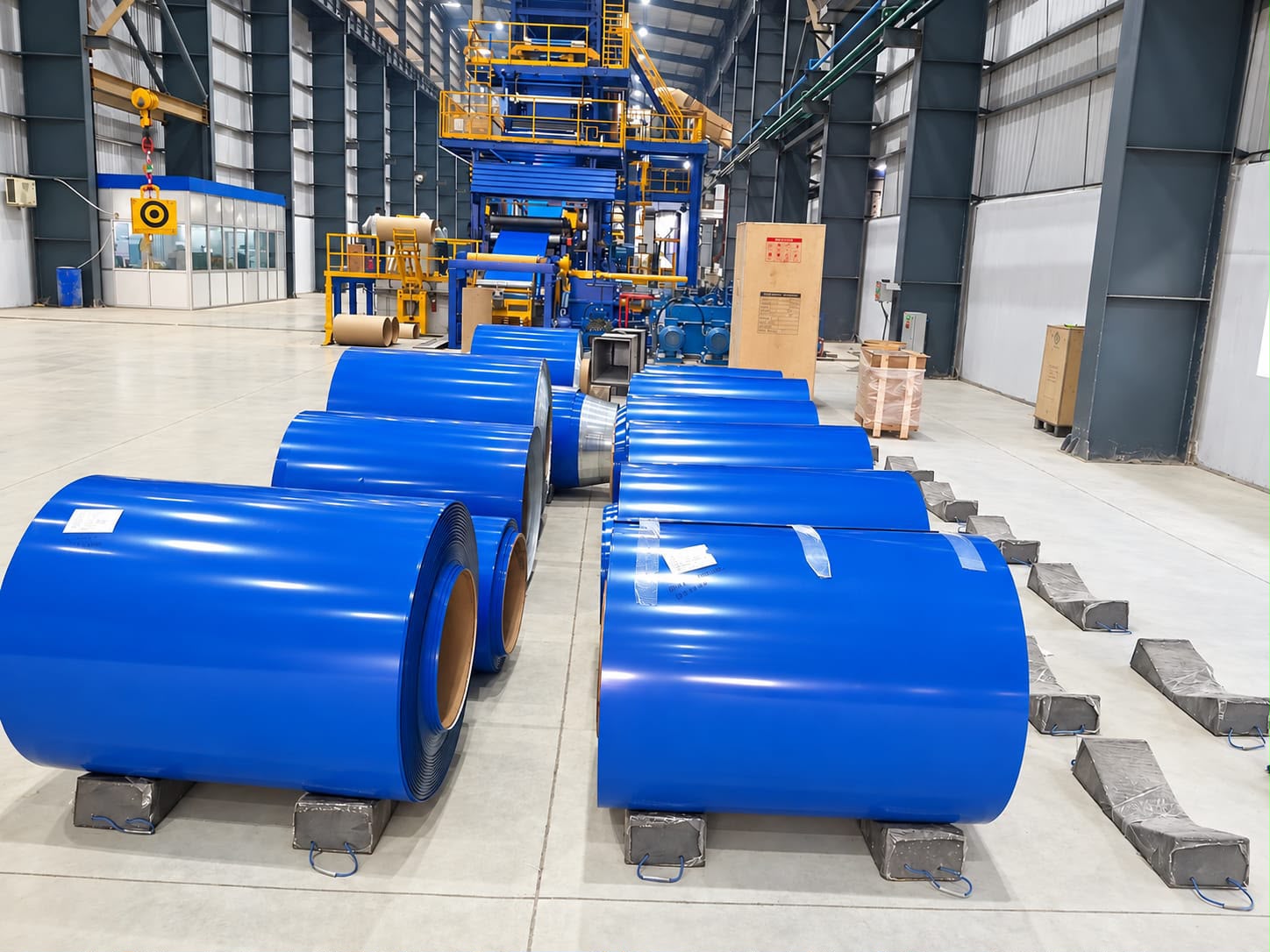 Blue coated steel coils stored on the floor inside a modern industrial manufacturing facility with large processing machinery in the background.