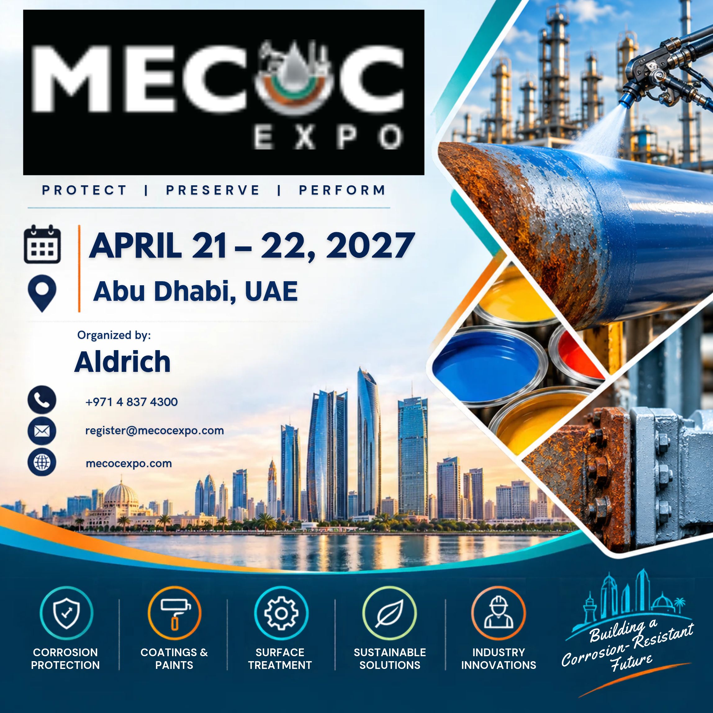 Promotional poster for MECOC Expo 2027 in Abu Dhabi, UAE, scheduled for April 21–22, 2027, featuring corrosion protection, industrial coatings, surface treatment, and sustainable solutions.