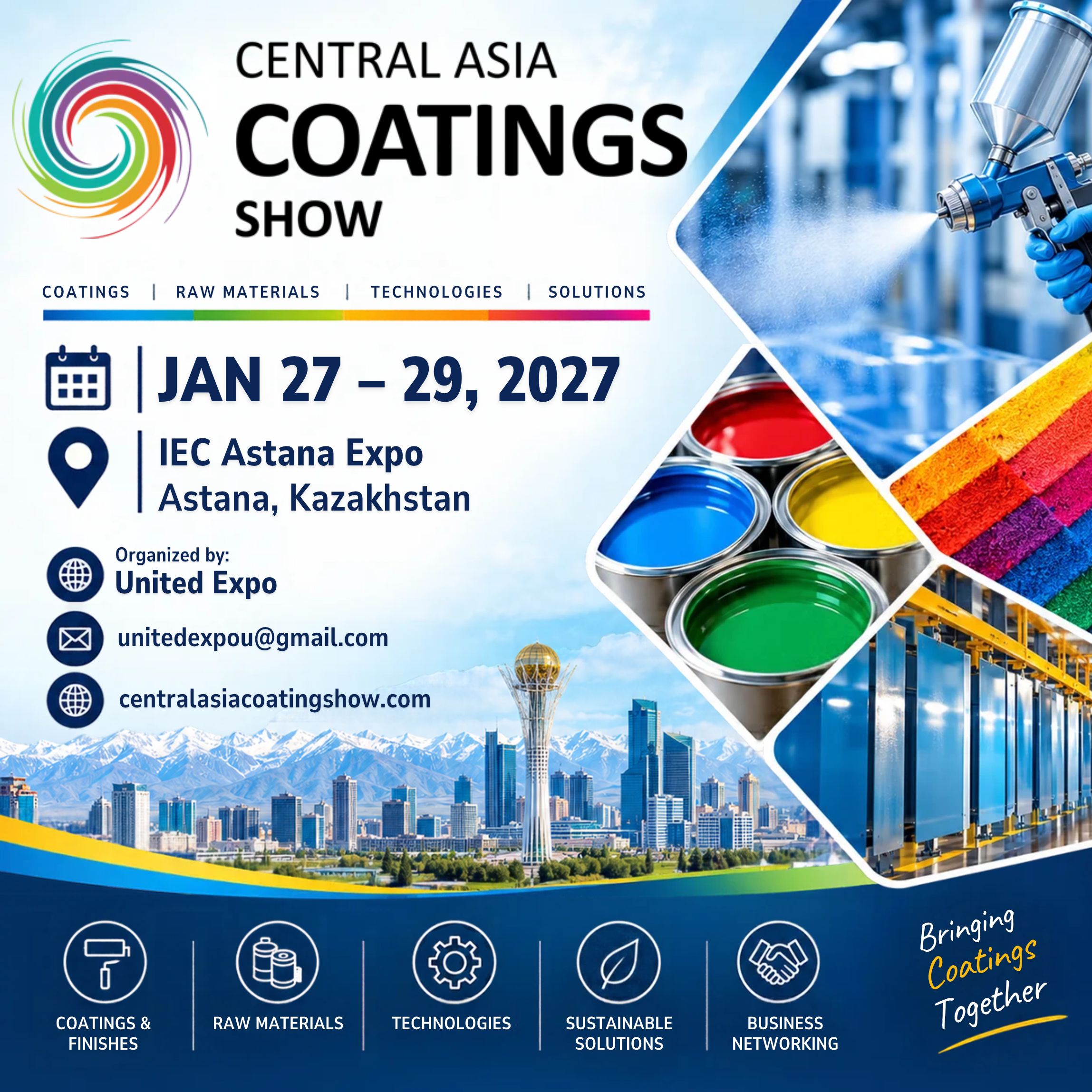Promotional poster for the Central Asia Coatings Show 2027, scheduled for January 27–29 at IEC Astana Expo in Astana, Kazakhstan, featuring coatings, raw materials, industrial technologies, and business networking.