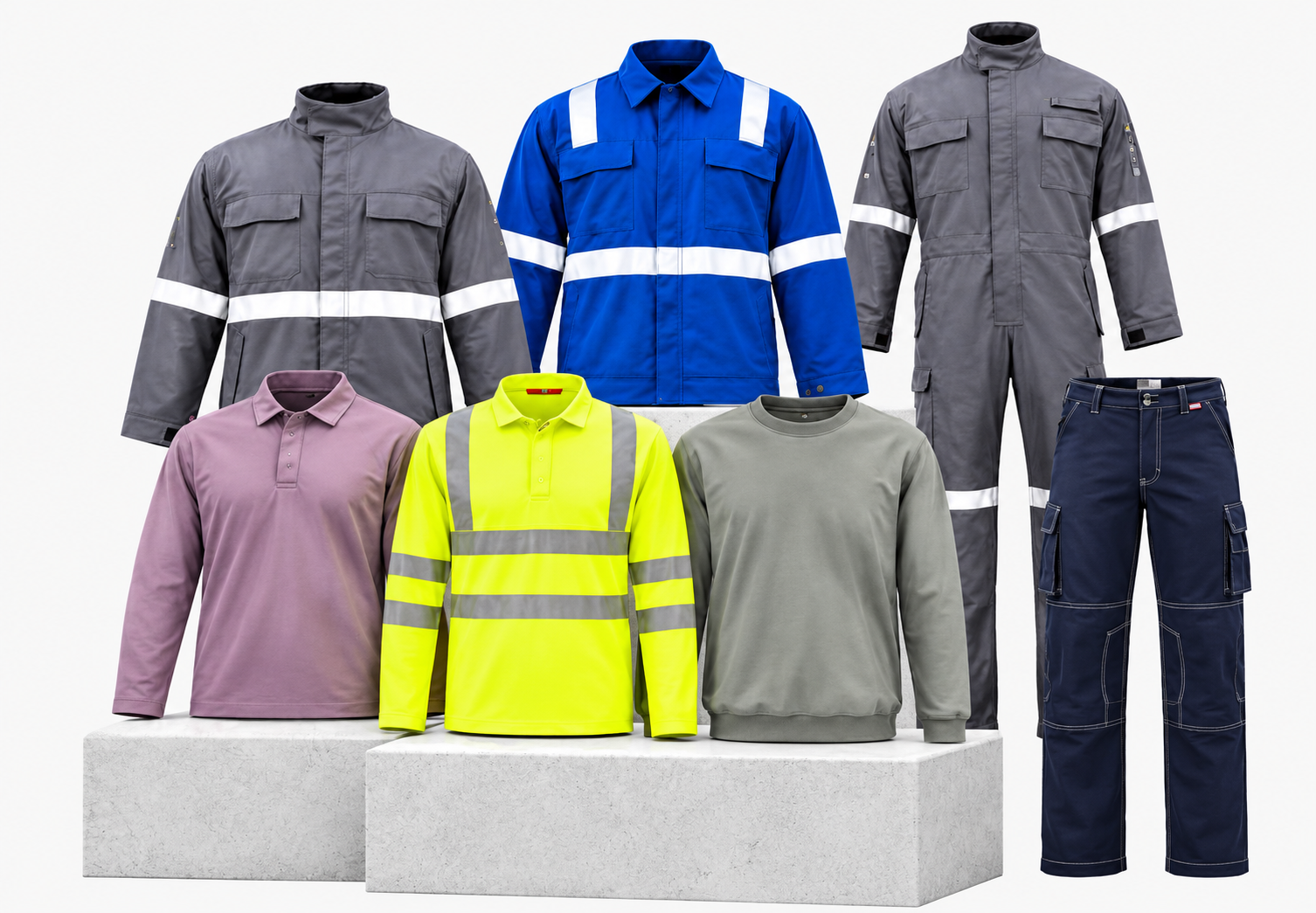 Industrial safety workwear collection featuring reflective jackets, high-visibility clothing, work shirts, and navy cargo trousers.